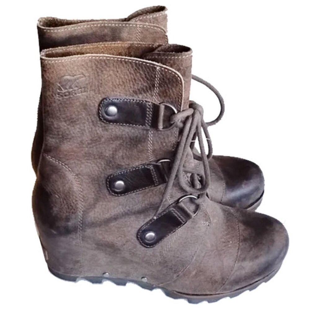 Sorel Joan of Arctic Weatherproof Leather Wedge Mid Boots 8 Distressed Tan